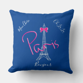 Parijs, Eiffel Tower Pink Bow, Frans modern blauw Kussen