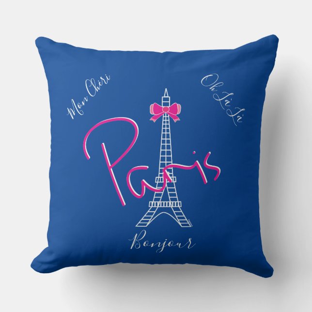 Parijs, Eiffel Tower Pink Bow, Frans modern blauw Kussen (Voorkant)