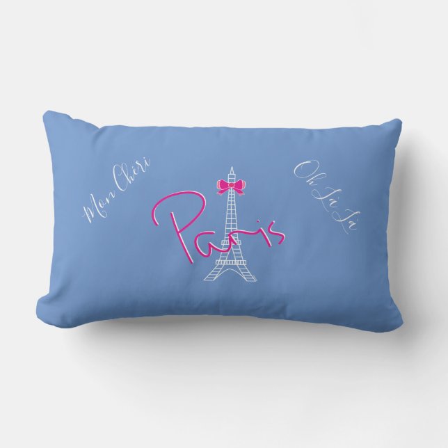 Parijs, Eiffel Tower Pink Bow, Frans modern blauw Kussen (Voorkant)