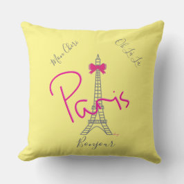 Parijs, Eiffel Tower Pink Bow Frans Modern Geel Kussen