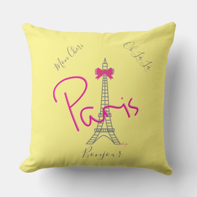 Parijs, Eiffel Tower Pink Bow Frans Modern Geel Kussen (Voorkant)