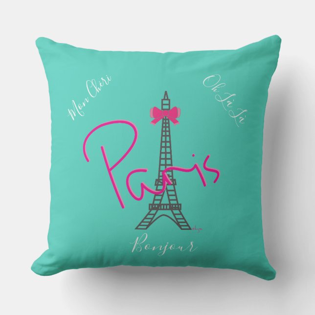 Parijs, Eiffel Tower Pink Bow Modern Turquoise Kussen (Voorkant)