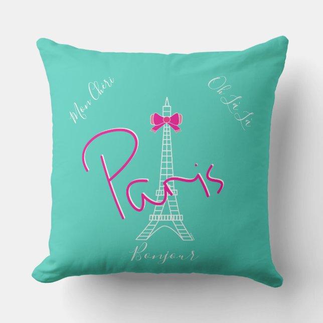 Parijs, Eiffel Tower Pink Bow Modern Turquoise Kussen (Voorkant)