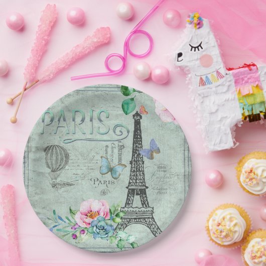 Parijs-Eiffeltoren-Bloem-Floral--Rozen Papieren Bordje (Feest)