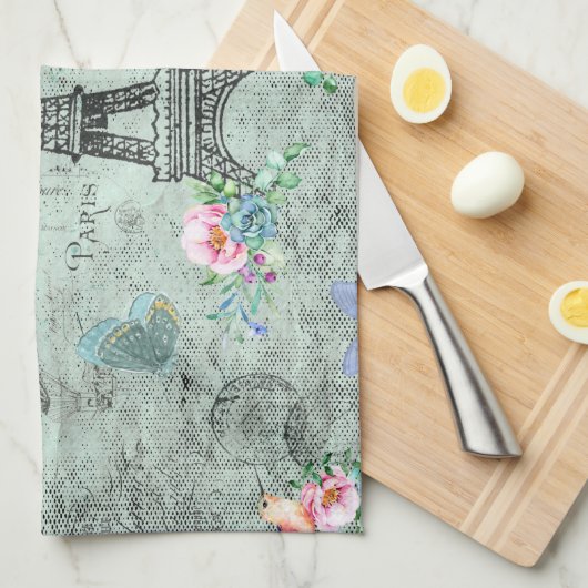 Parijs-Eiffeltoren-Bloem-Floral--Rozen Theedoek (Quarter Fold)