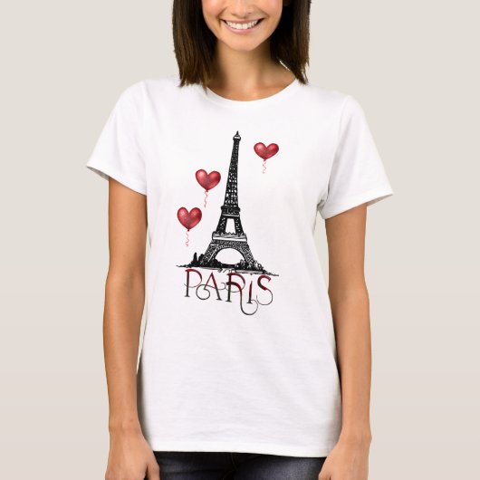 Parijs-, Eiffeltoren- en Rode Heart-ballonnen T-shirt (Voorkant)