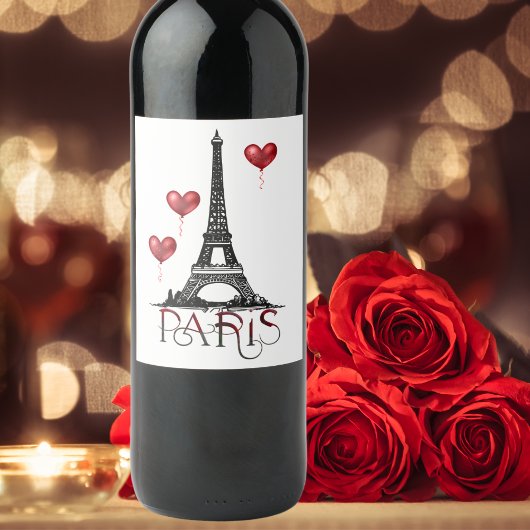 Parijs-, Eiffeltoren- en Rode Heart-ballonnen Wijn Etiket