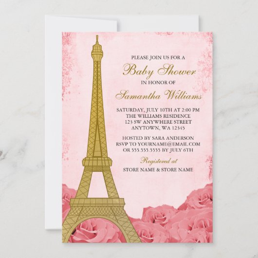 Parijs Eiffeltoren Rozen Roze Goud Baby shower Kaart (Voorkant)