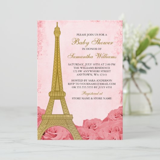 Parijs Eiffeltoren Rozen Roze Goud Baby shower Kaart (Staand voorkant)