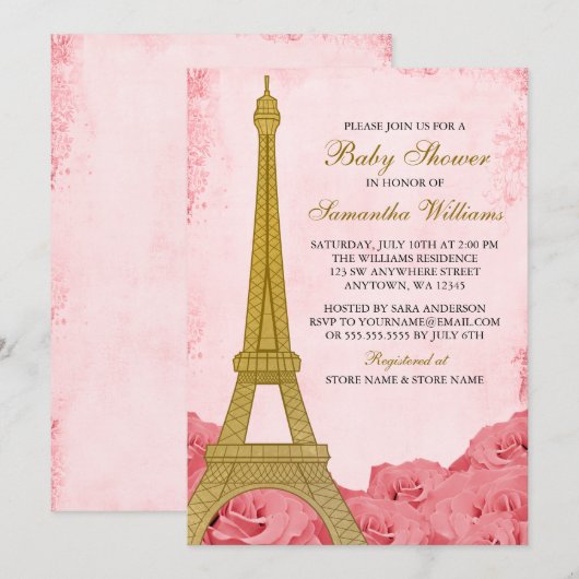 Parijs Eiffeltoren Rozen Roze Goud Baby shower Kaart (Voorkant / Achterkant)