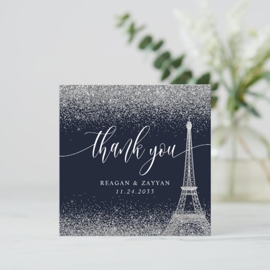 Parijs Eiffeltoren Zilveren Marine bruiloft Bedankkaart (Staand voorkant)