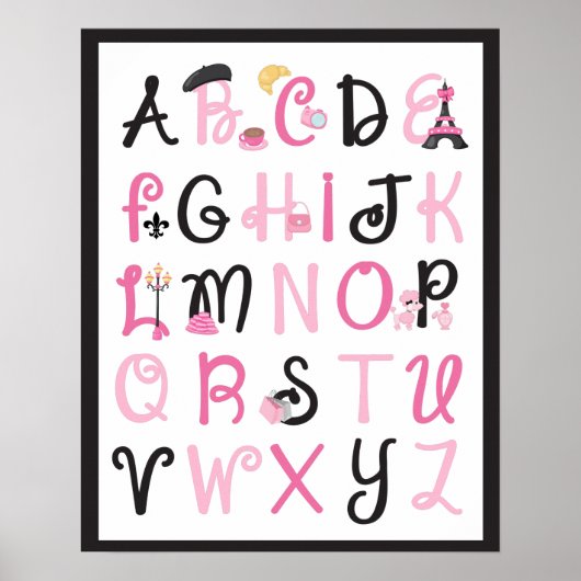 Parijs Frankrijk Alfabet A tot Z op zwart Poster (Voorkant)