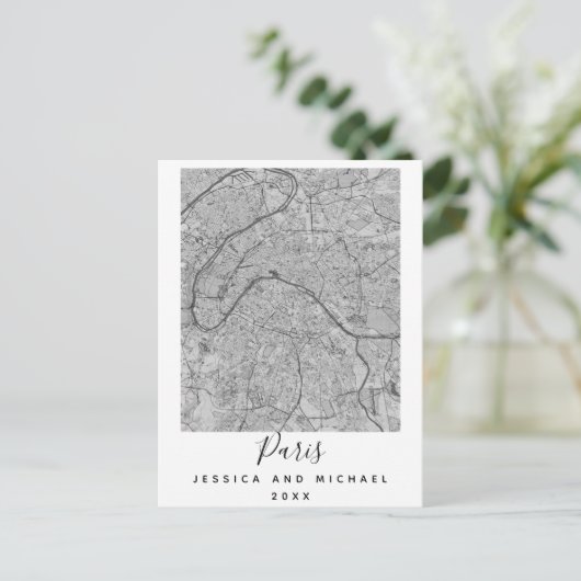 Parijs Frankrijk City Map Couple Name Date Black W Briefkaart (Staand voorkant)