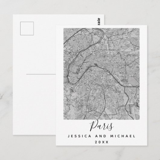 Parijs Frankrijk City Map Couple Name Date Black W Briefkaart (Voorkant / Achterkant)