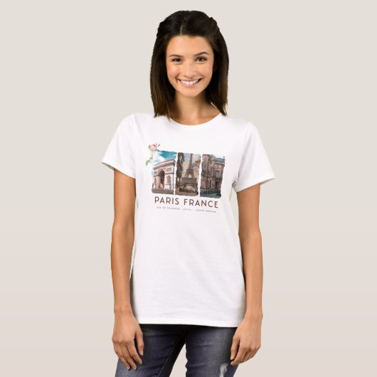 PARIJS, Frankrijk. Eiffel, Louvre, Arc de Triomphe T-shirt (Voorkant volledig)