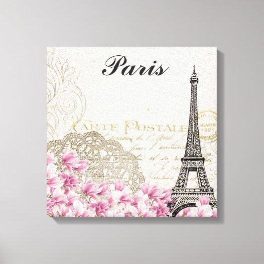 Parijs Frankrijk Eiffel Tower roze bloemen Canvas Afdruk (Voorkant)