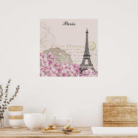 Parijs Frankrijk Eiffeltoren  roze bloemen mos Poster (Keuken)