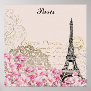 Parijs Frankrijk Eiffeltoren  roze bloemen mos Poster