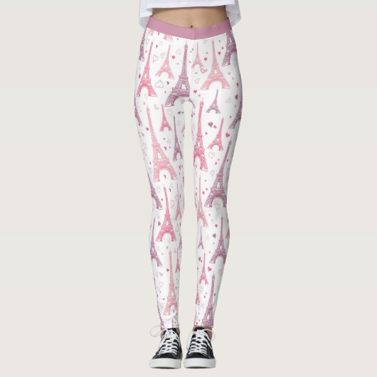 Parijs Frankrijk Eiffeltoren Roze Paarse Yoga Work Leggings (Voorkant)