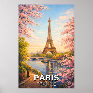 Parijs Frankrijk Eiffeltoren Vintage Kersenbloesem Poster