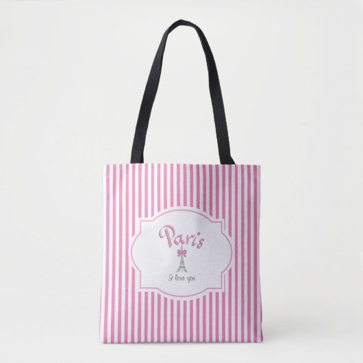 Parijs, Frankrijk, ik hou van je, Roze Stripes Tote Bag (Voorkant)