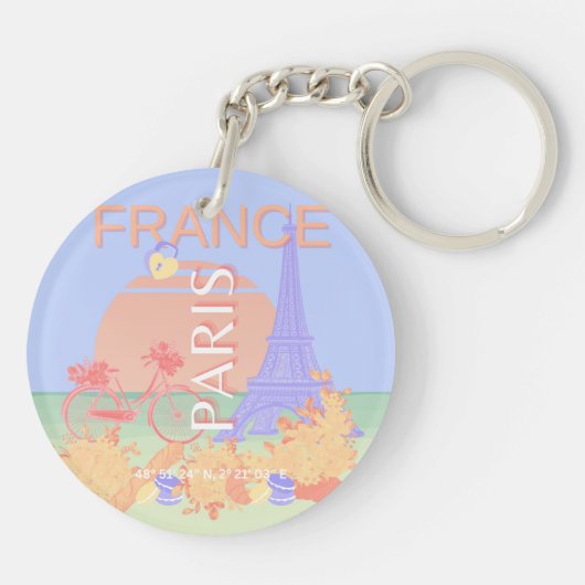 Parijs, Frankrijk, Reiskunst, Preppy, Pastel, Blau Sleutelhanger (Achterkant)