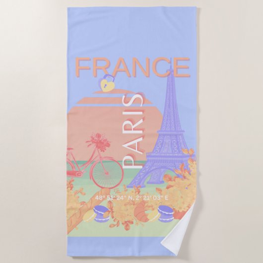 Parijs, Frankrijk, Reiskunst, Preppy, Pastel, Blau Strandlaken (Voorkant)