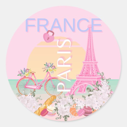 Parijs, Frankrijk, Reiskunst, Preppy, Pastel, Roze Ronde Sticker (Voorkant)
