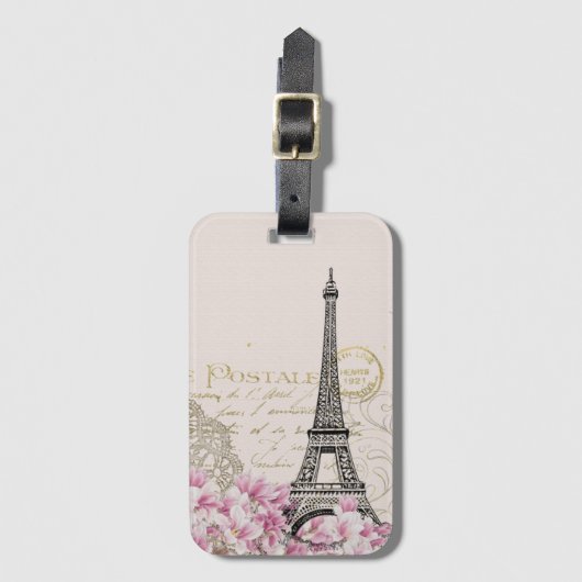 Parijs Frankrijk Reizen Eiffeltoren met Rozen bloe Bagagelabel (Voorkant (verticaal))