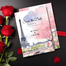 Parijs Frankrijk Romantische Aquarel Roze Eiffelto Save The Date