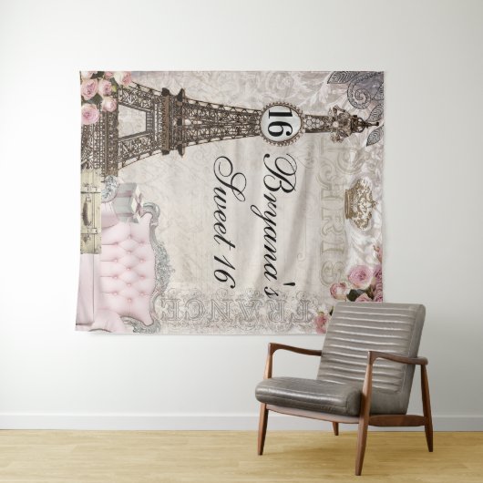 Parijs Frankrijk Roze Rozen Sweet 16 Party achterg Wandkleed (In Situ (horizontaal))