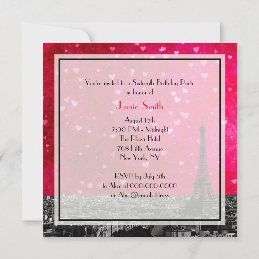 Parijs Frankrijk Skyline #1 Hot Pink Red Sweet 16  Kaart (Achterkant)