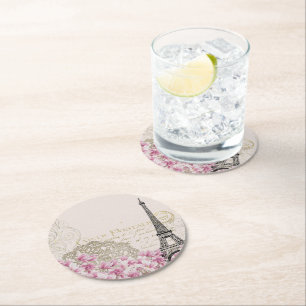 Parijs Frankrijk Travel Design met Eiffel Roze Roz Ronde Kartonnen Onderzetter