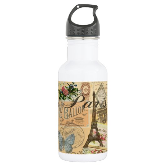 Parijs Frankrijk Vintage Reizen Kleurrijk Kunstwer Waterfles (Voorkant)