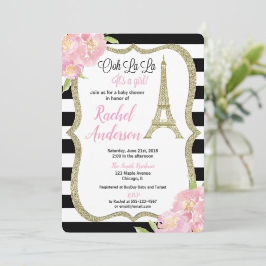 Parijs Frans baby shower uitnodiging meisje roze g (Staand voorkant)