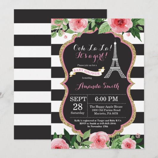 Parijs Franse Eiffeltoren Baby shower Uitnodiging (Voorkant / Achterkant)