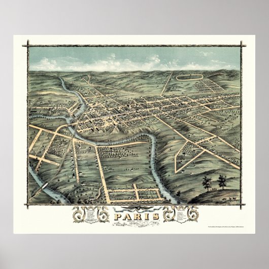 Parijs, KY Panoramic Map - 1870 Poster (Voorkant)