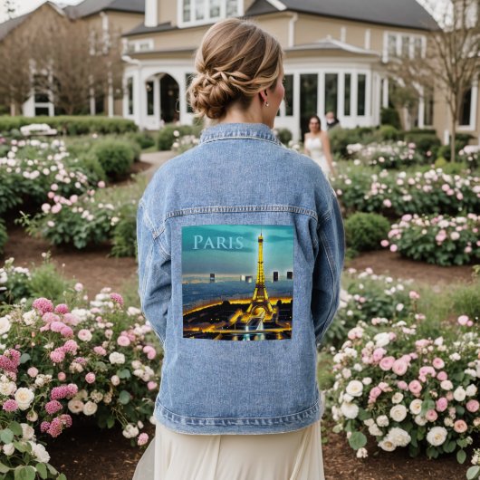 Parijs onder een Turquoise Blue Twilight Sky Denim Jacket (Huwelijk Achterkant)