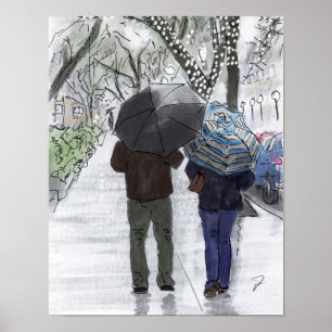 Parijs op een regenachtige late middag. Waterverf Poster
