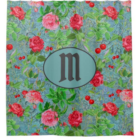  Parijs Postmarks Florals Blauwgroen Monogram Douchegordijn (Voorkant)