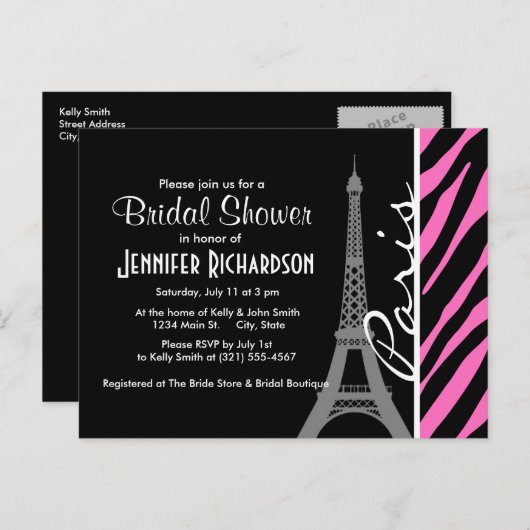 Parijs; Roze en zwarte zebra afdrukken Uitnodiging Briefkaart (Voorkant / Achterkant)