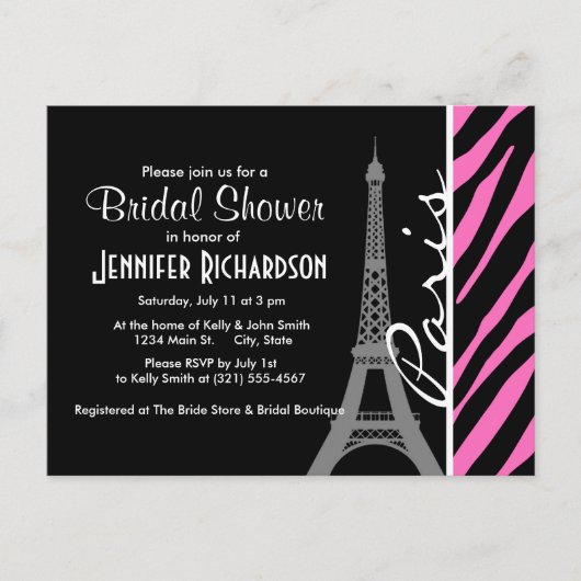 Parijs; Roze en zwarte zebra afdrukken Uitnodiging Briefkaart (Voorkant)