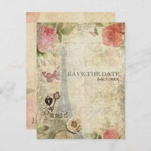 Parijs roze rozen bruiloft BEWAREN DE DATUM Aankondigingskaart (Voorkant / Achterkant)