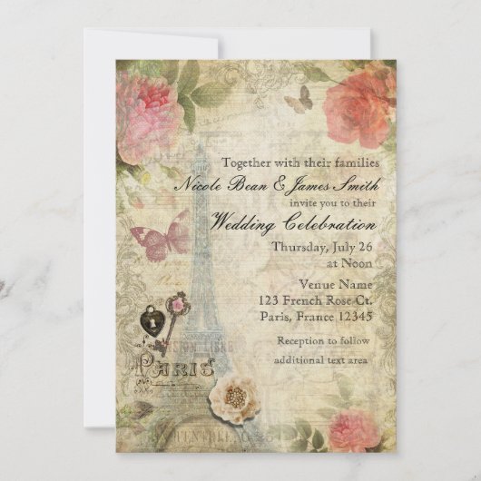 Parijs roze rozen slot en sleutelhuwelijk Kaart (Voorkant)