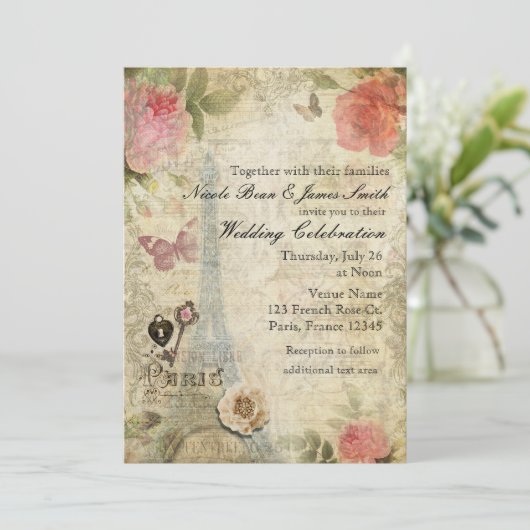 Parijs roze rozen slot en sleutelhuwelijk Kaart (Staand voorkant)