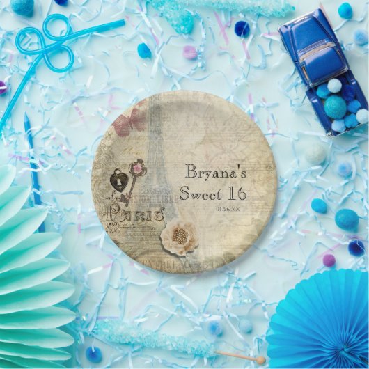  Parijs roze rozen slot & Key Chic Wedding Papieren Bordje (Feest)