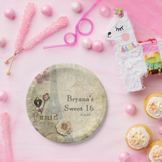  Parijs roze rozen slot & Key Chic Wedding Papieren Bordje (Feest)