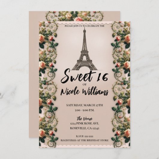 Parijs roze rozenwijnstokken eiffeltoren zoet 16 kaart (Voorkant / Achterkant)