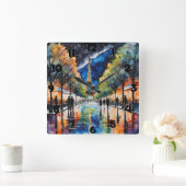 Parijs 's nachts reflecteert regenwater vierkante klok (Huis)