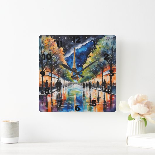 Parijs 's nachts reflecteert regenwater vierkante klok (Huis)